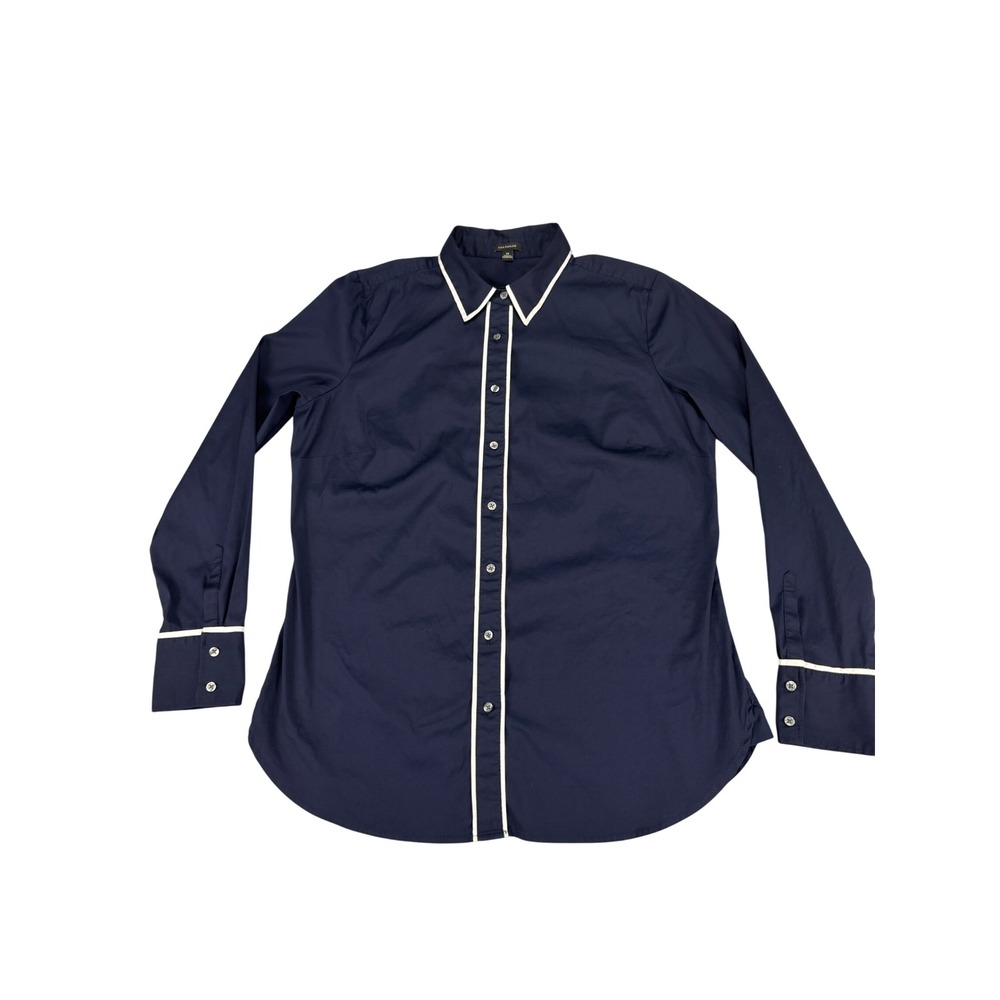 Ann Taylor Womens 14 Navy Blue White Piping Long Sleeve Button Down Shirt